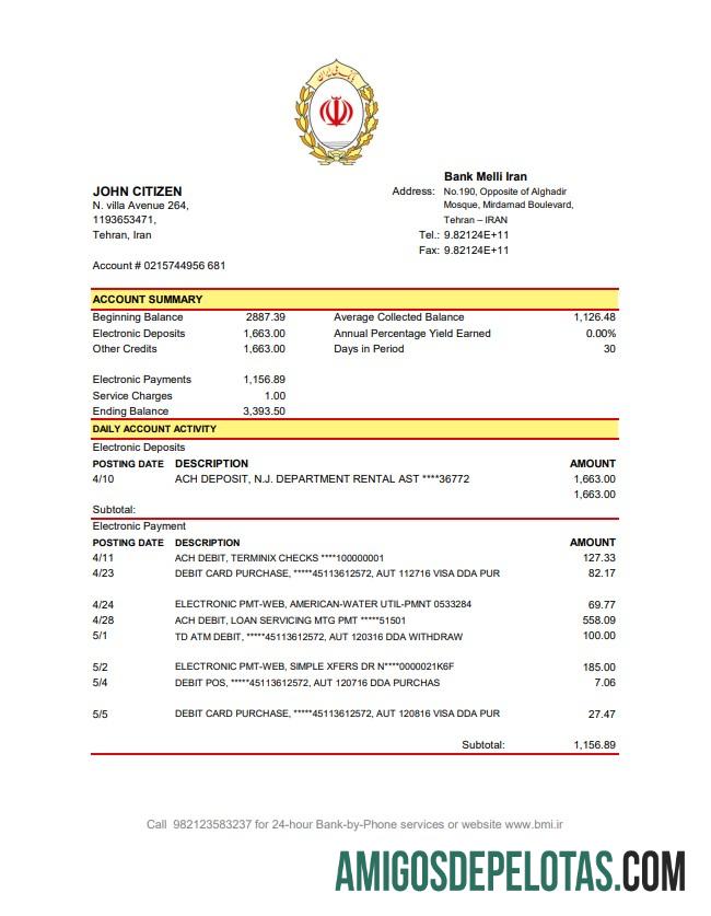 Modelo de extrato bancário do Irã Melli para download em formato de arquivo .xls e .pdf